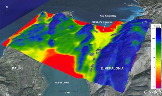 Figure 12: Results of the helicopter-borne resistivity deployed over the Thinia isthmus and northern Paliki, based on a blend of all five frequencies acquired and providing a penetration depth of up to 90m below the surface. Permission Google Earth.